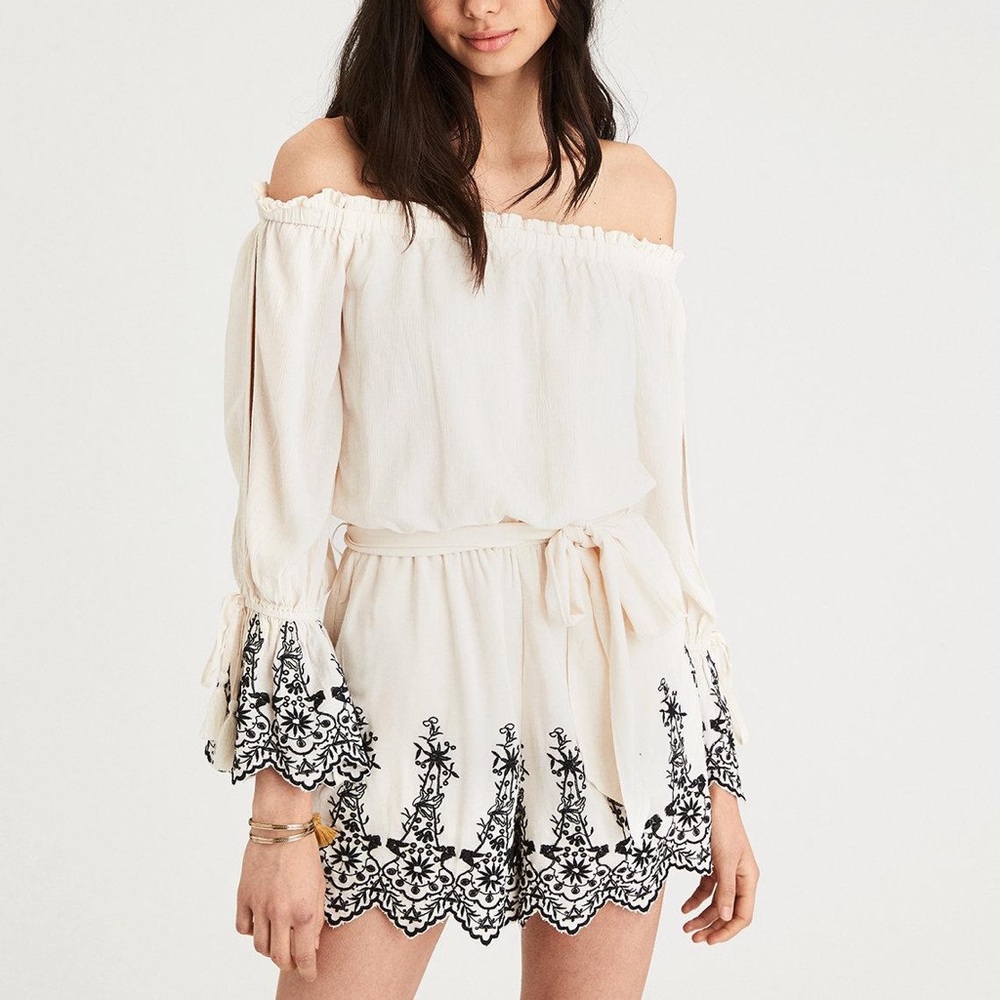 Off shoulder embroidered romper